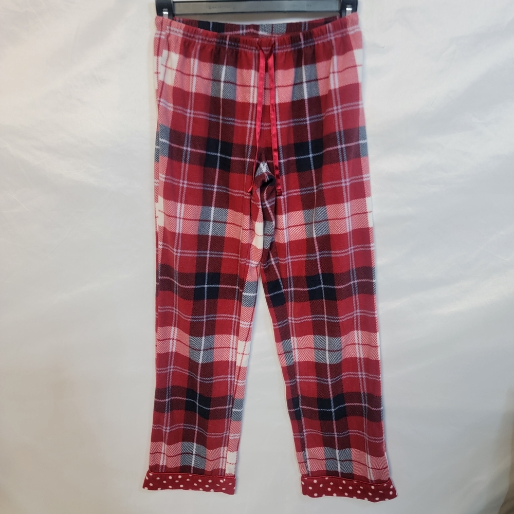 Women's Fleece Pajama Set with Polka Dot Trim In Red Plaid Size Small - Picture 3 of 12